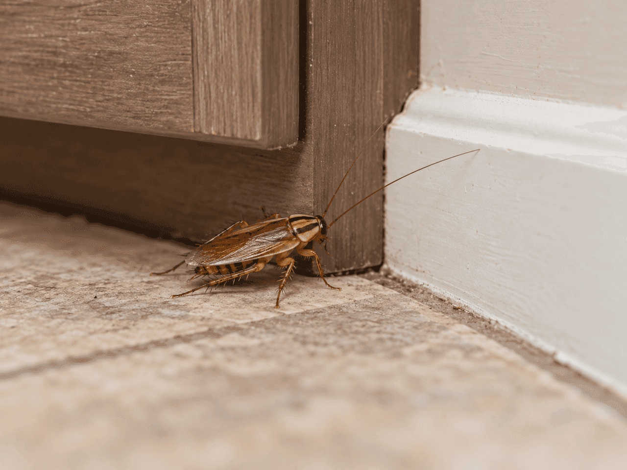 Cockroach near a kitchen cabinet baseboard.