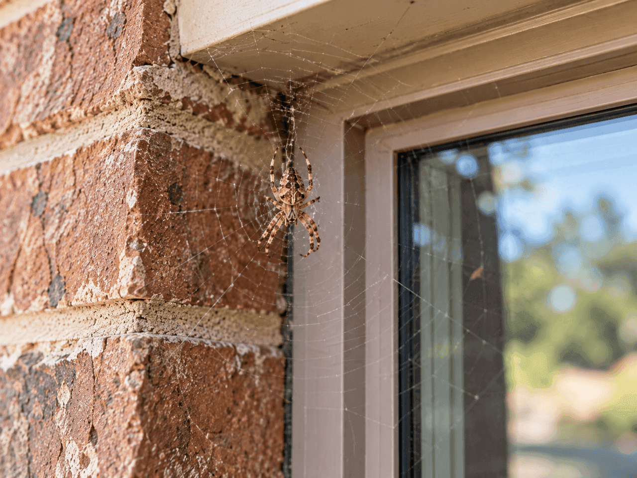 Spider in a web near an exterior window.