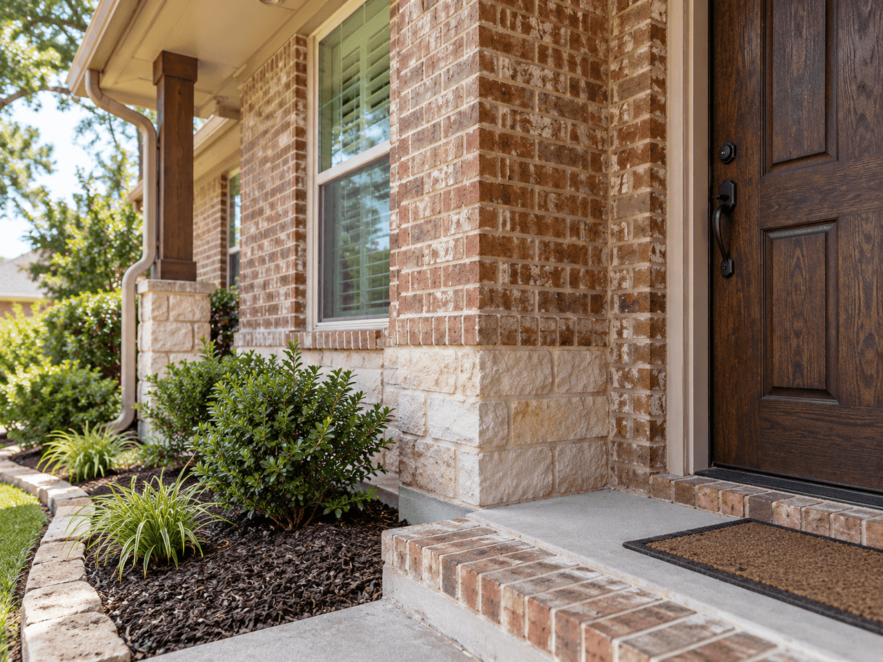 Covered porch and entryway of a brick home.