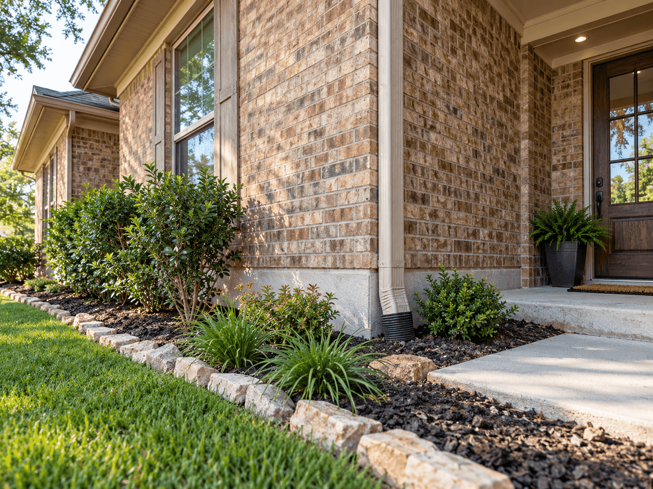Brick home foundation beside a garden bed.